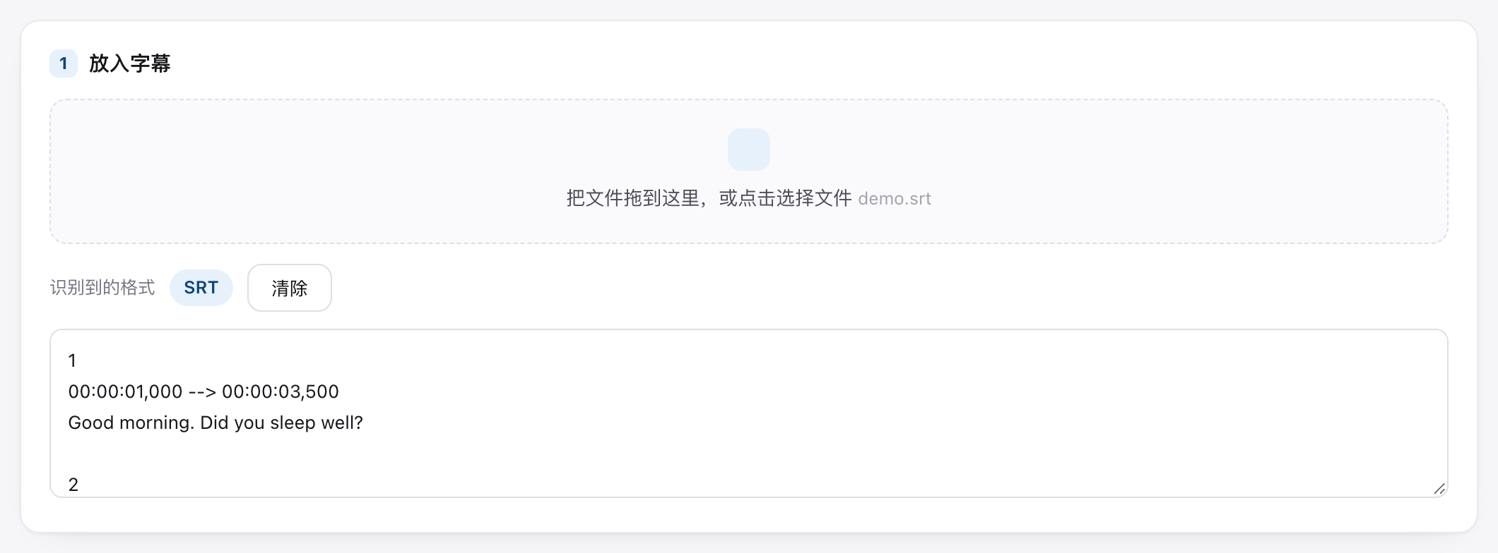 上传区：示例 SRT 已载入，格式识别为 SRT