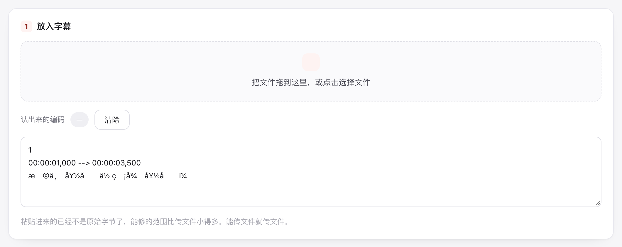 乱码修复页上传区：拖放区与粘贴框，上方显示认出来的编码