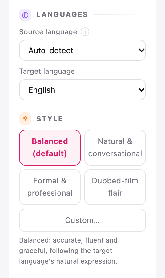 Taal- en vertalingstylinstellings: brontaal, teikentaal-aftreklyste en vyf style