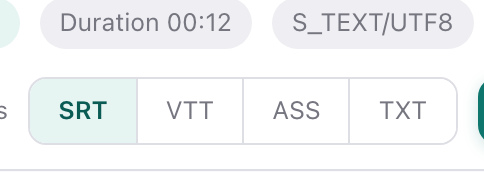 L'àrea de resultats amb els formats d'exportació SRT / VTT / ASS / TXT