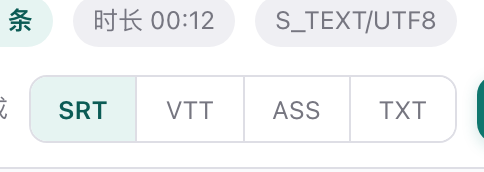 结果区与 SRT / VTT / ASS / TXT 四种导出格式