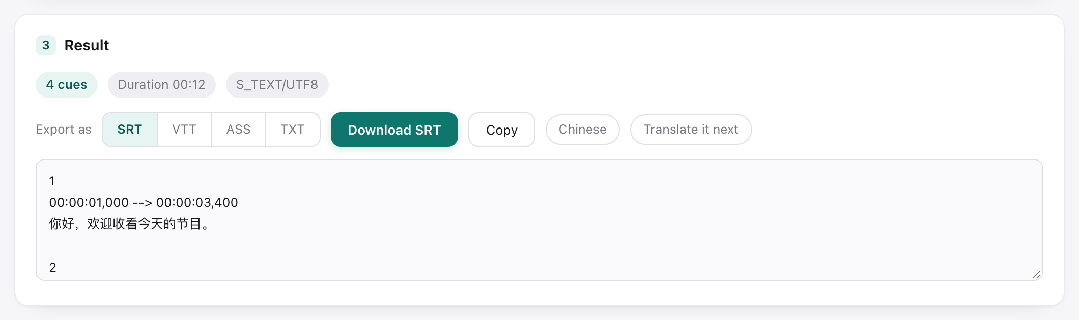L'area del risultato con la scelta del formato SRT / VTT / ASS / TXT